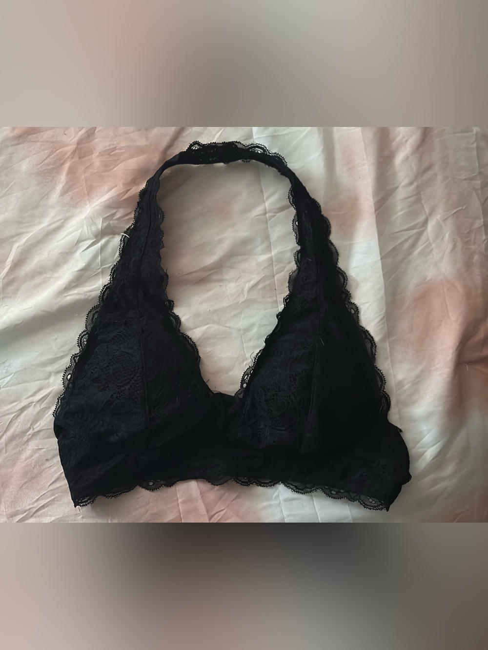 free press | Lightly Padded Black Nylon Lace Plunge Bra / Halter Bralette | Sz:S